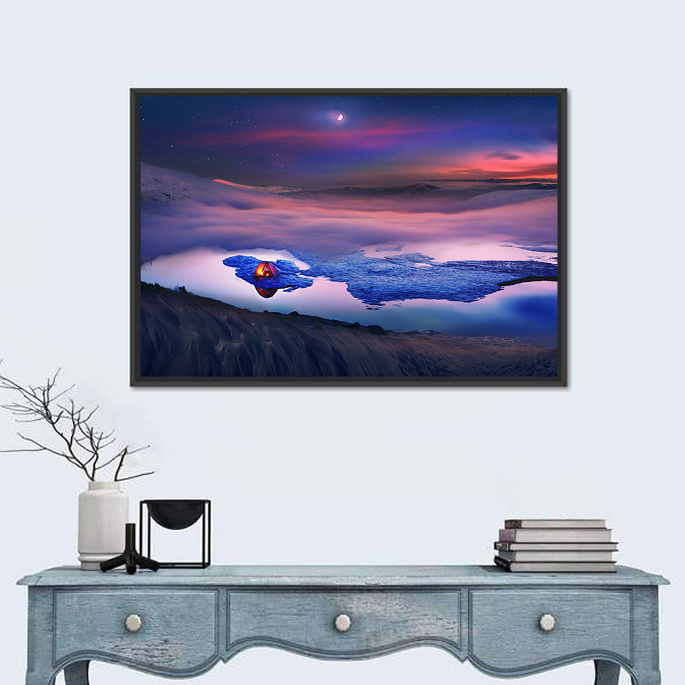 Glowing Tent on Frozen Mountain Lake Wall Art in a room, landscape