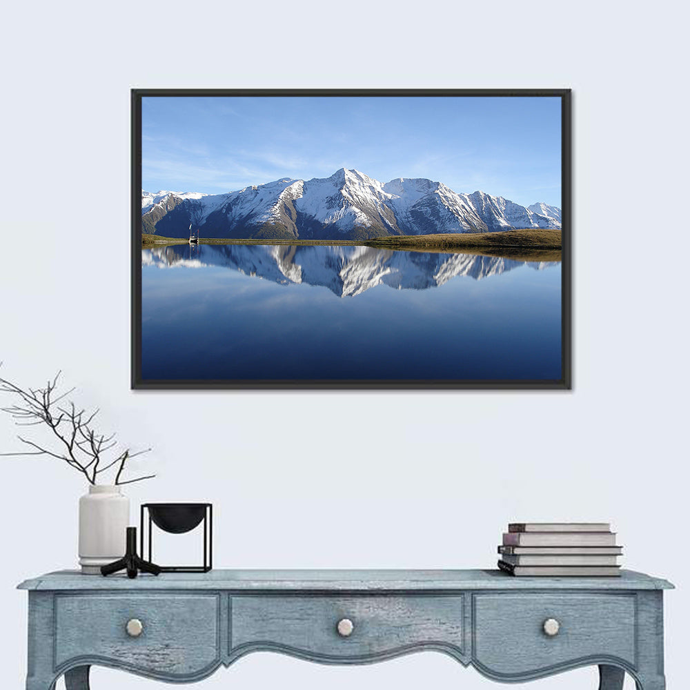Bettmersee Mountain Reflection Wall Art in a room, landscape
