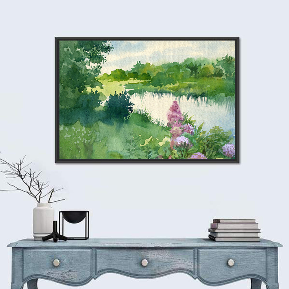 Serene River Watercolor Wall Art in a room, landscape