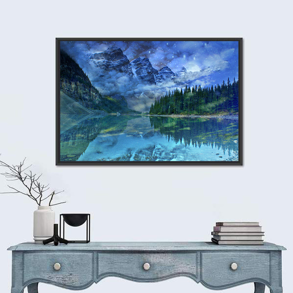 Moraine Lake Winter Reflection Wall Art in a room, landscape