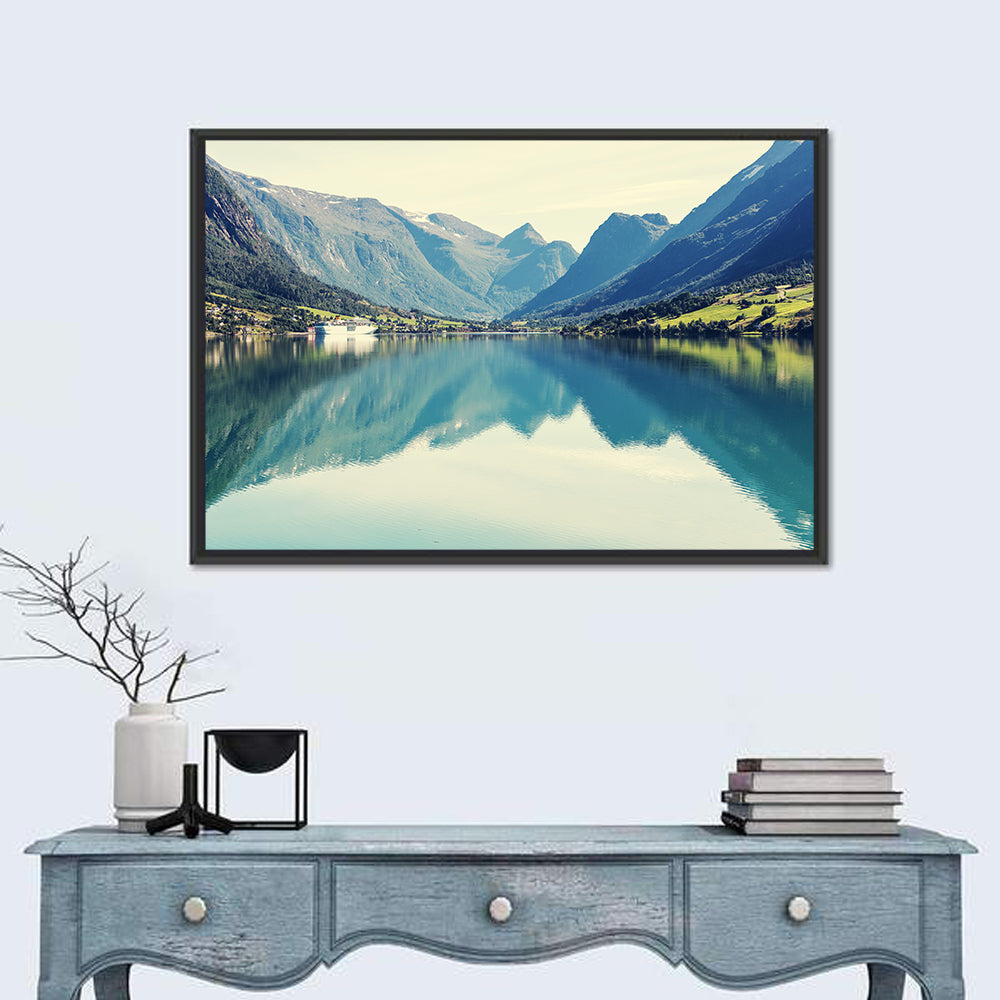 Scandinavian Mountain Lake Harbor Wall Art in a room, landscape