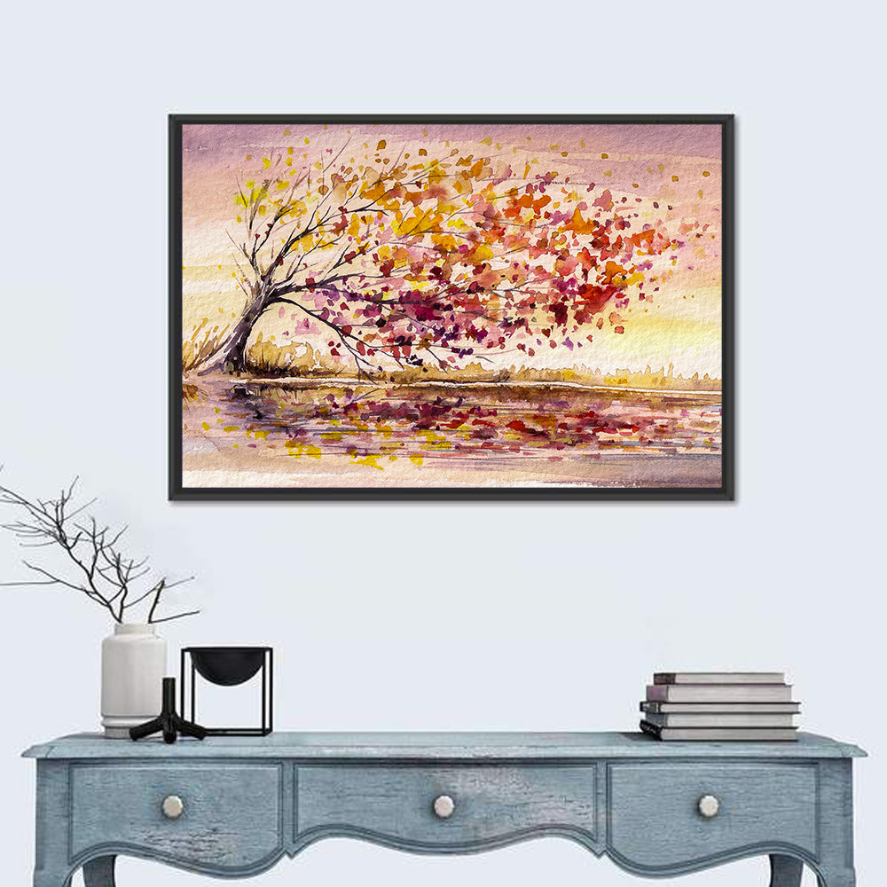 Windblown Autumn Tree Reflection Wall Art in a room, landscape