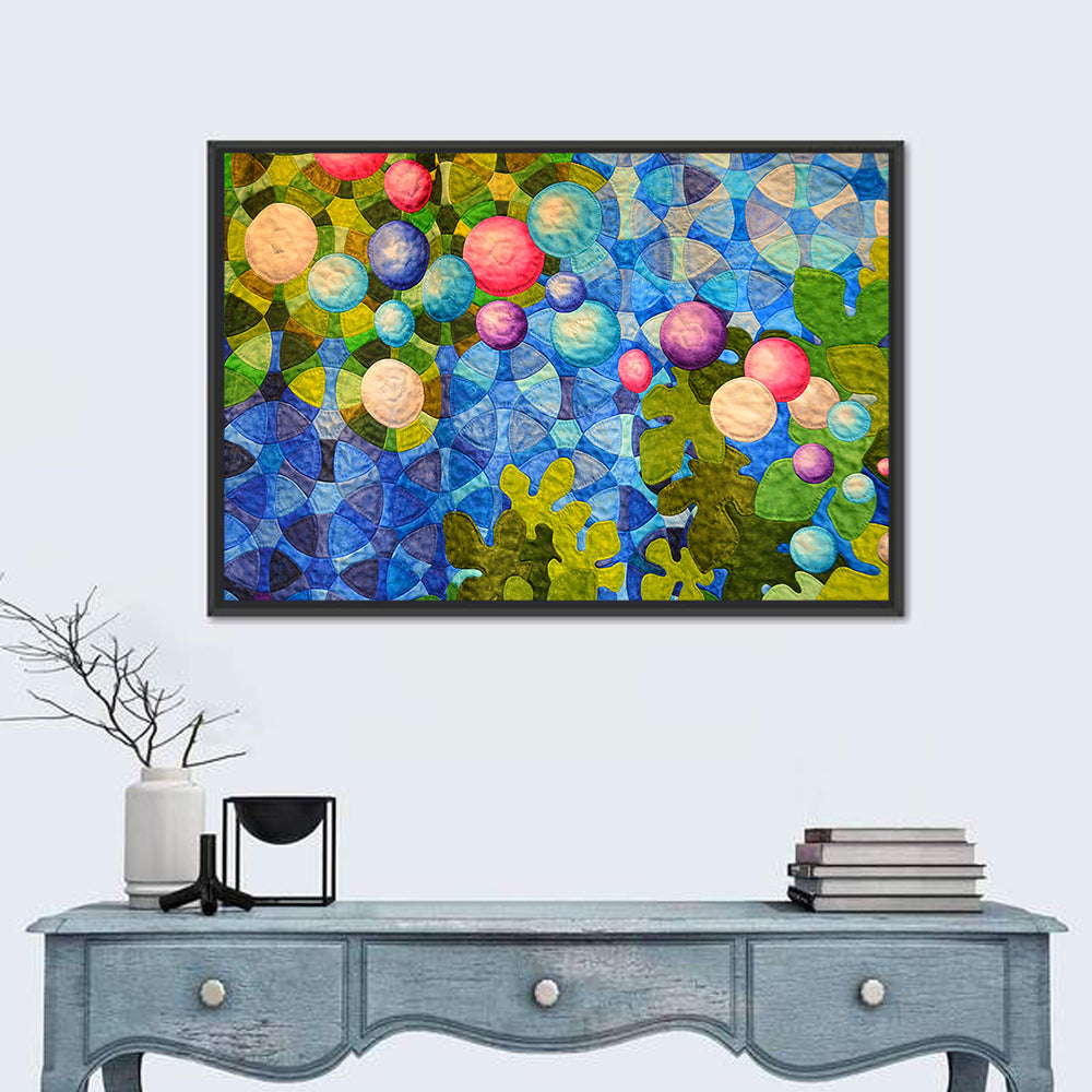 Colorful Quilted Circle Pattern Wall Art in a room, landscape