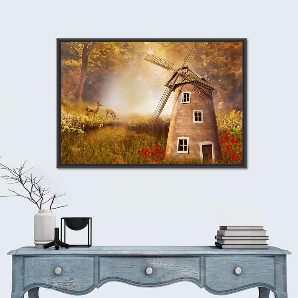 Autumn Windmill in Forest Clearing Wall Art in a room, landscape