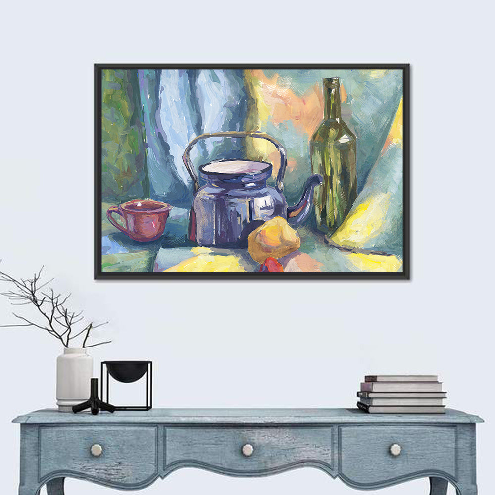 Metal Teapot and Bottle Still Life Wall Art in a room, landscape