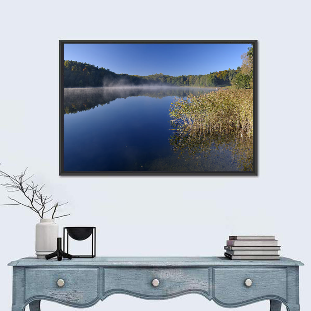 Asveja Lake Morning Mist Wall Art in a room, landscape