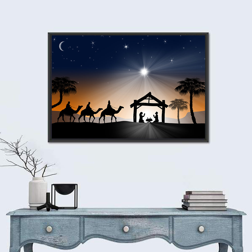 Desert Nativity Silhouette Wall Art in a room, landscape