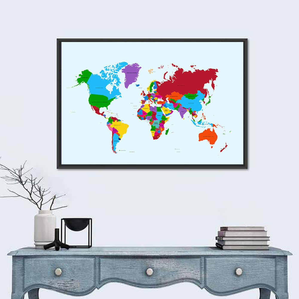 Minimalist Colorful World Map Wall Art in a room, landscape