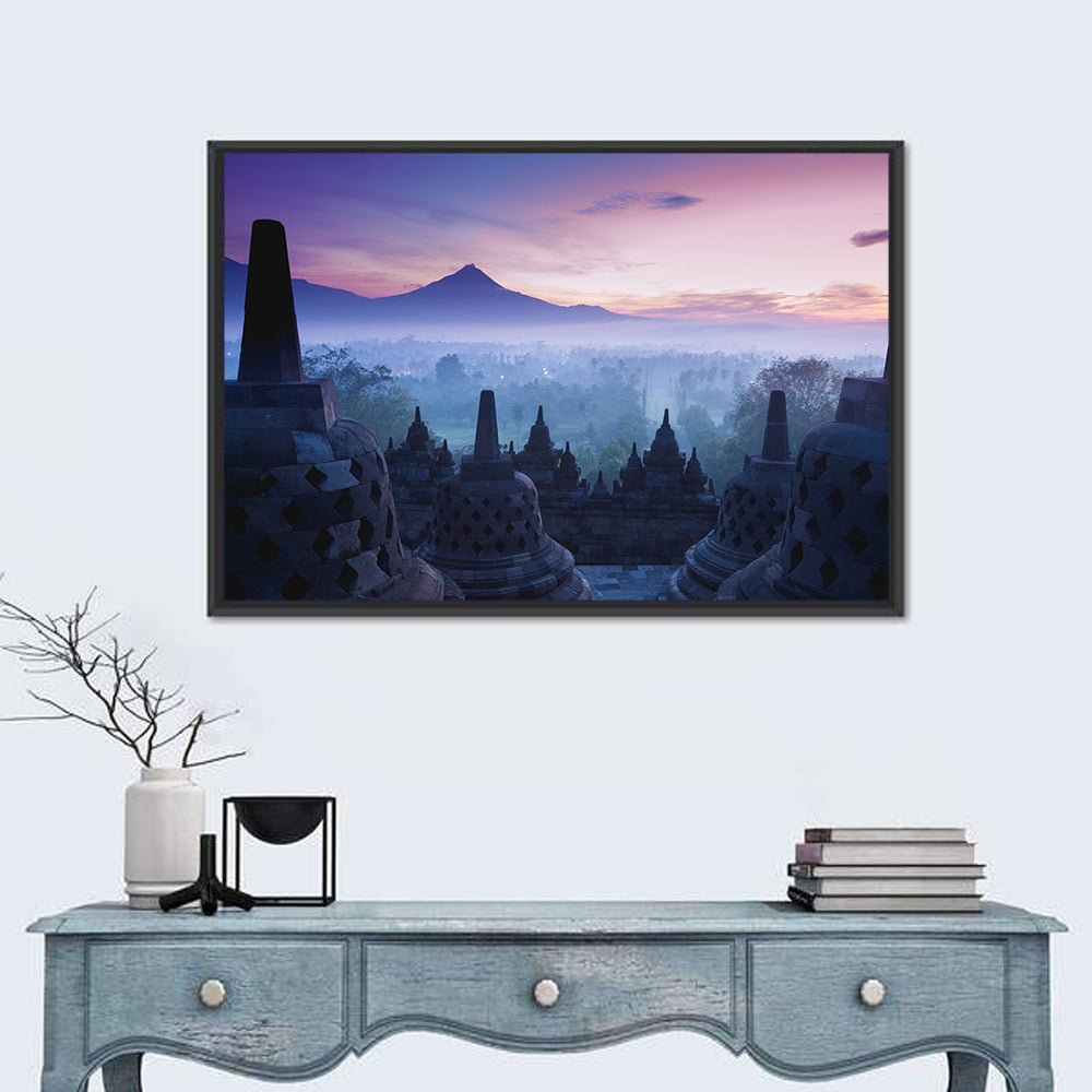 Misty Sunrise at Borobudur Wall Art in a room, landscape