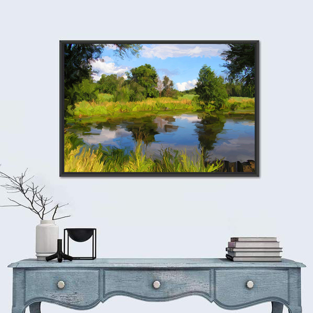 Blue Lake Reflection Illustration Wall Art in a room, landscape