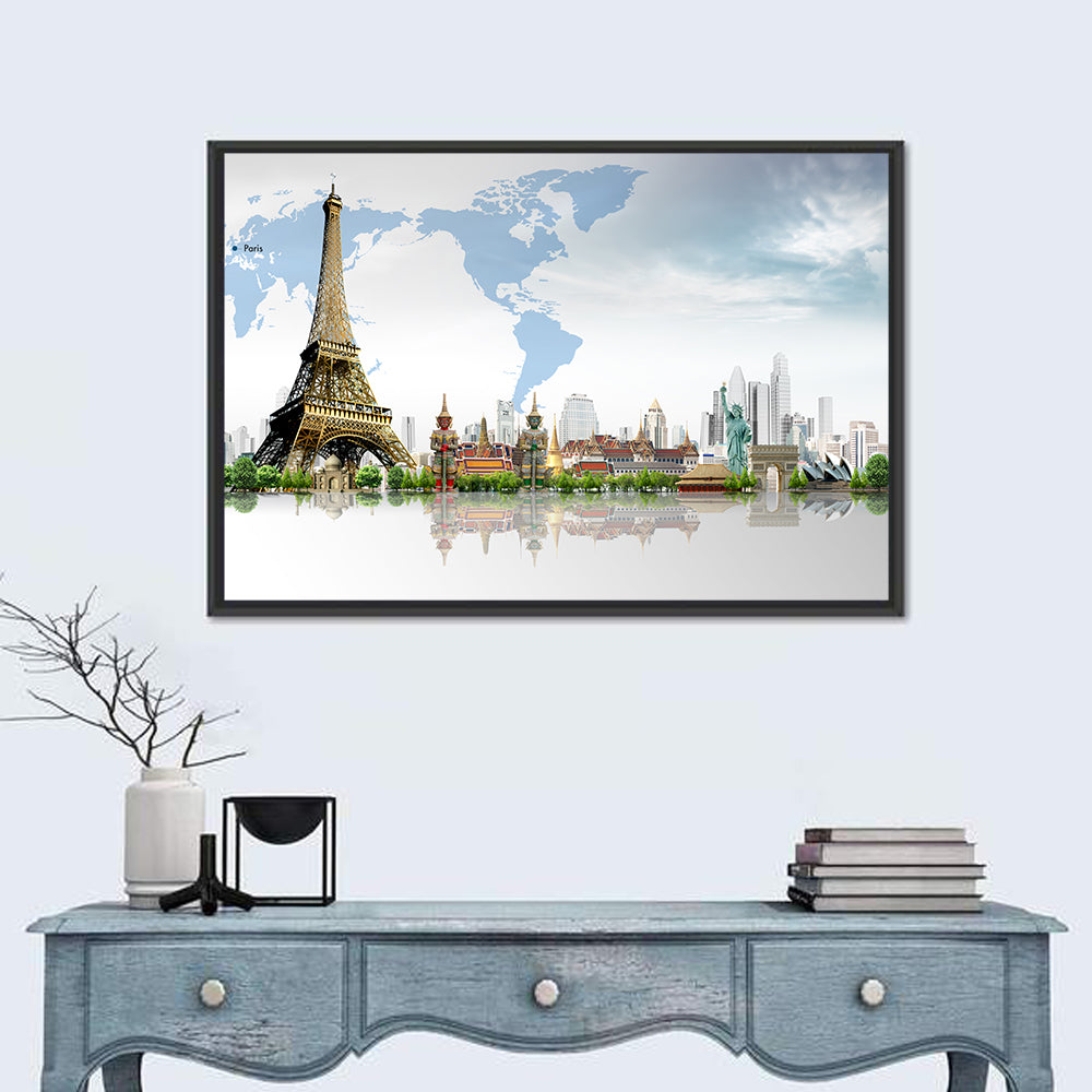 Global Landmarks Collage Wall Art in a room, landscape