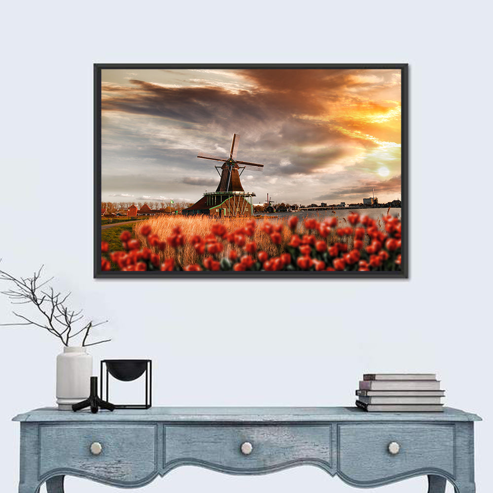 Dutch Windmill with Red Tulips Wall Art in a room, landscape