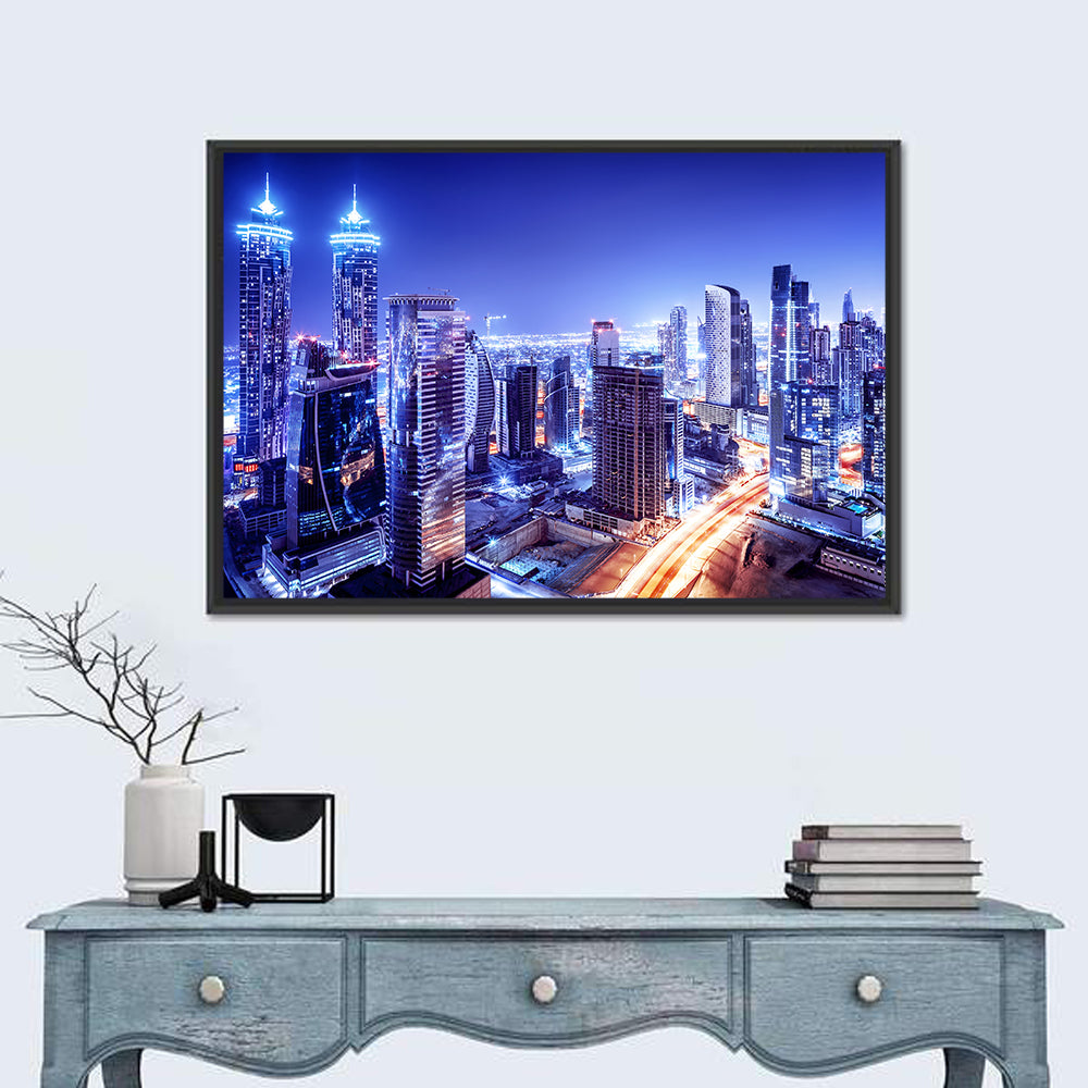 Downtown Dubai Night Skyline Wall Art in a room, landscape