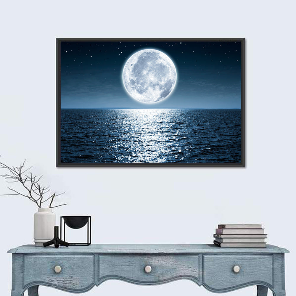Full Moon Rising Over Ocean Wall Art in a room, landscape