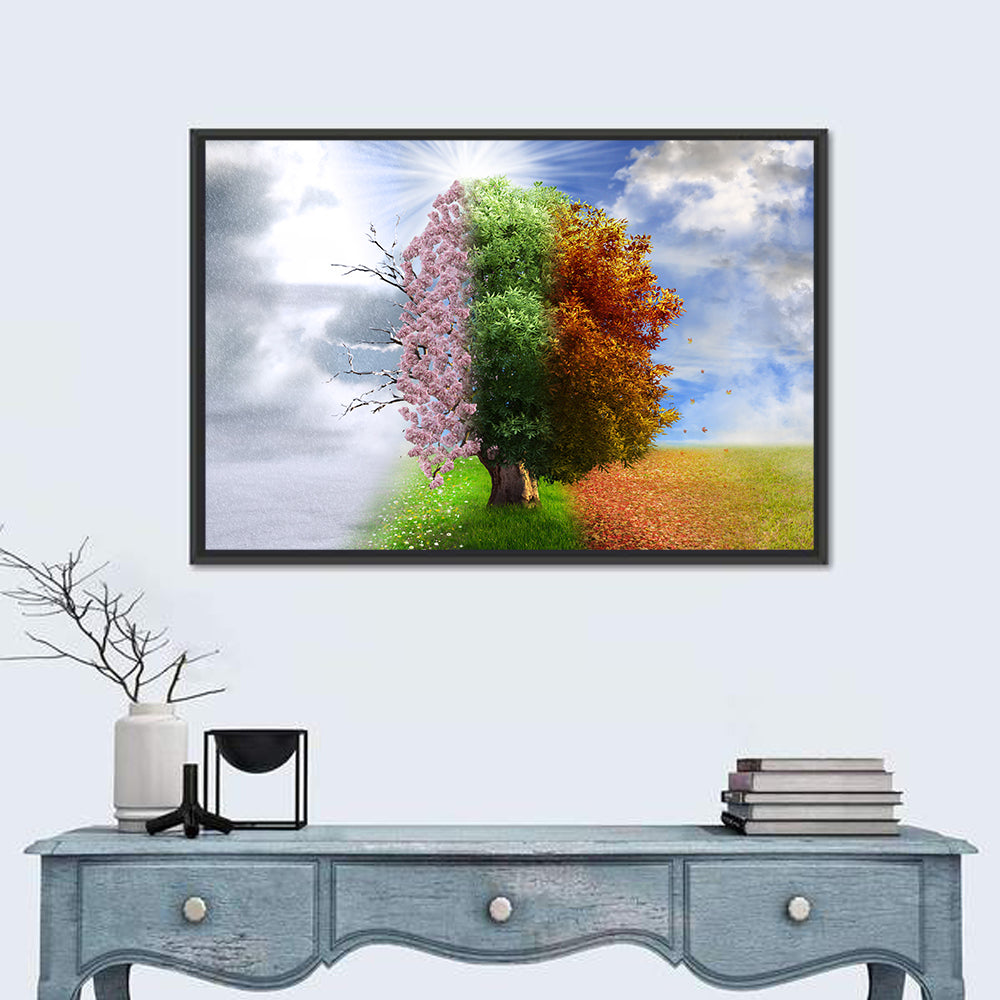 Tree Through Four Seasons Wall Art in a room, landscape