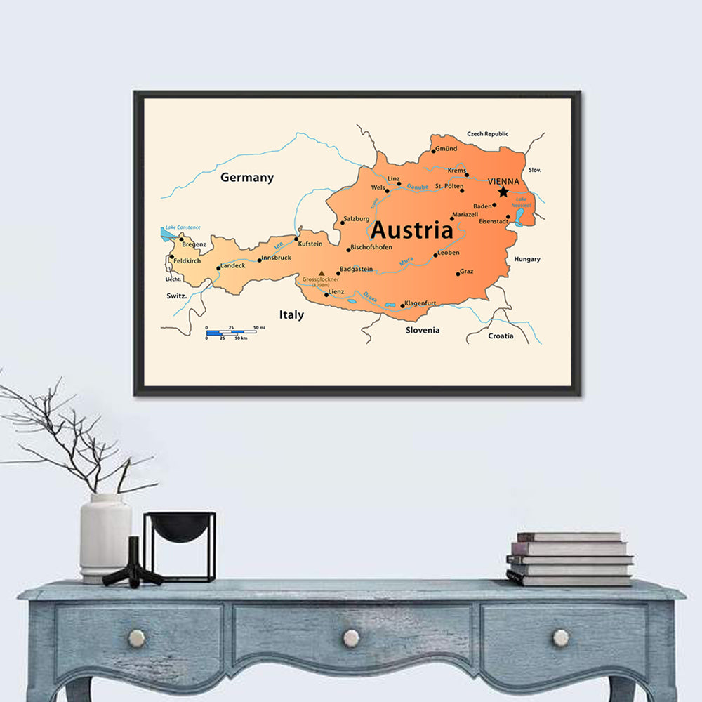 Austria Topographic Map Wall Art in a room, landscape