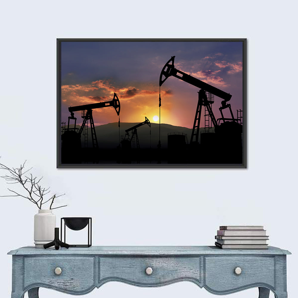 Sunset Oil Field with Pump Jacks Wall Art in a room, landscape