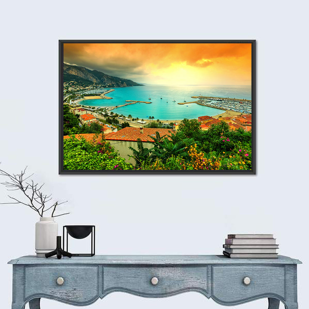 Azur Coast Golden Hour Bay Wall Art in a room, landscape