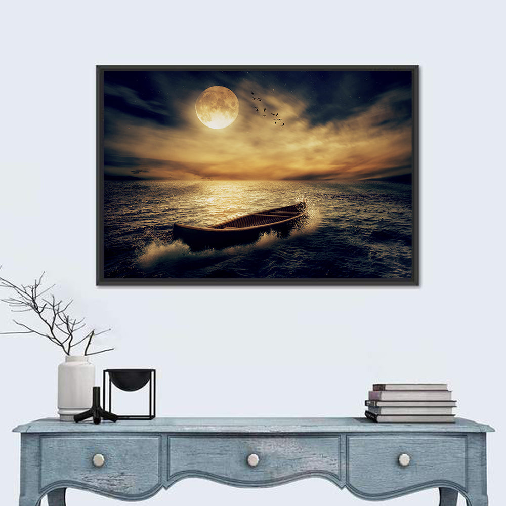 Moonlit Boat in Stormy Ocean Wall Art in a room, landscape