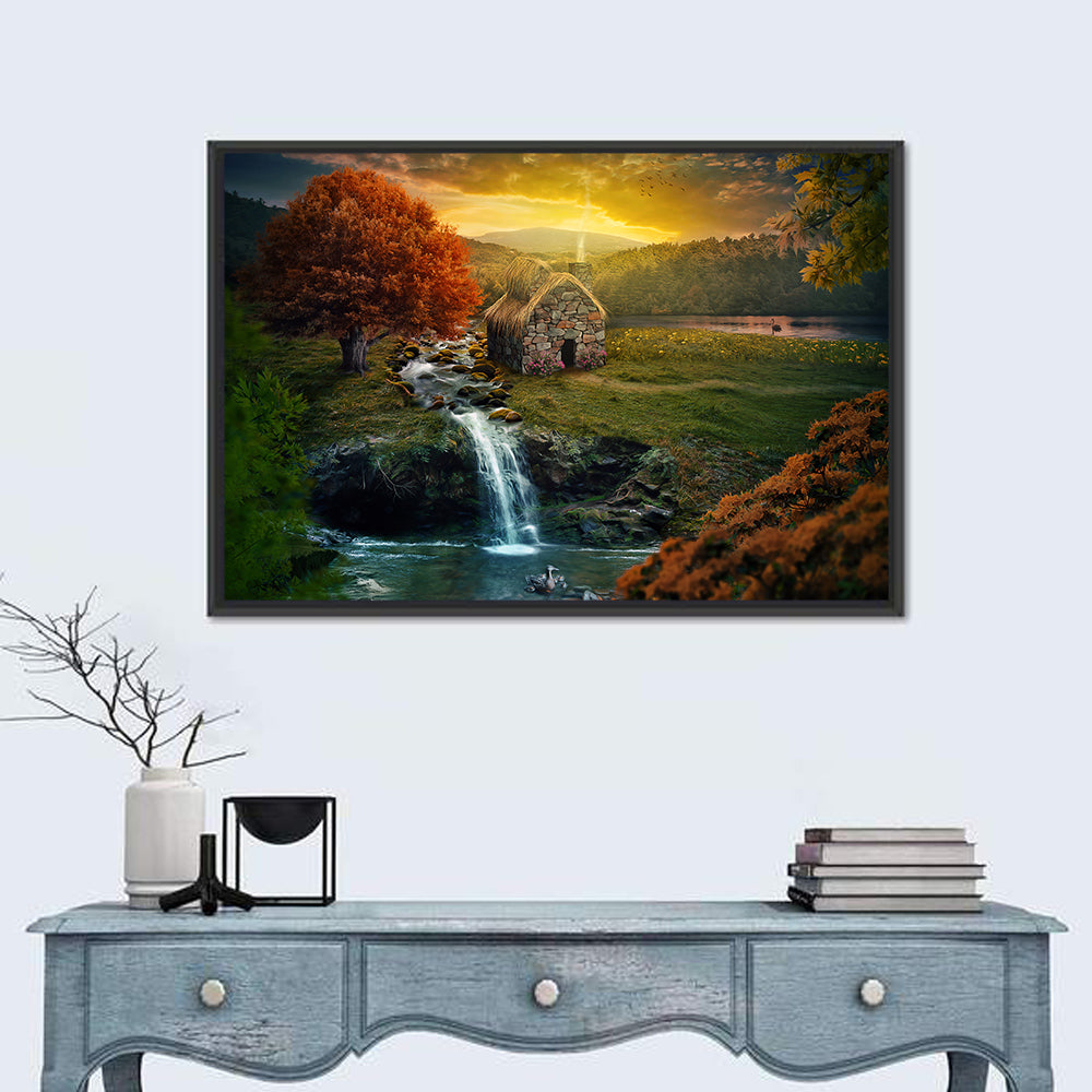Thatched Cottage by Mountain Stream Wall Art