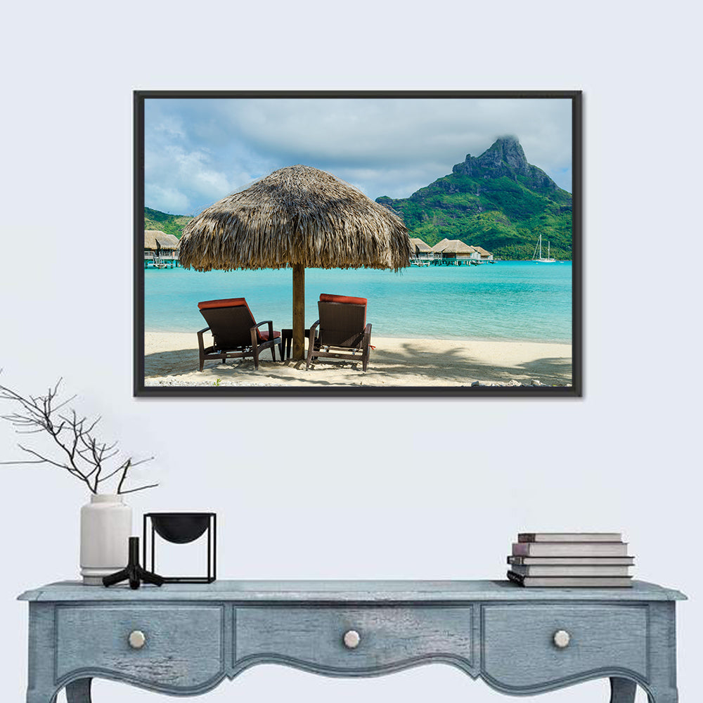 Bora Bora Lagoon with Thatched Umbrella Wall Art in a room, landscape