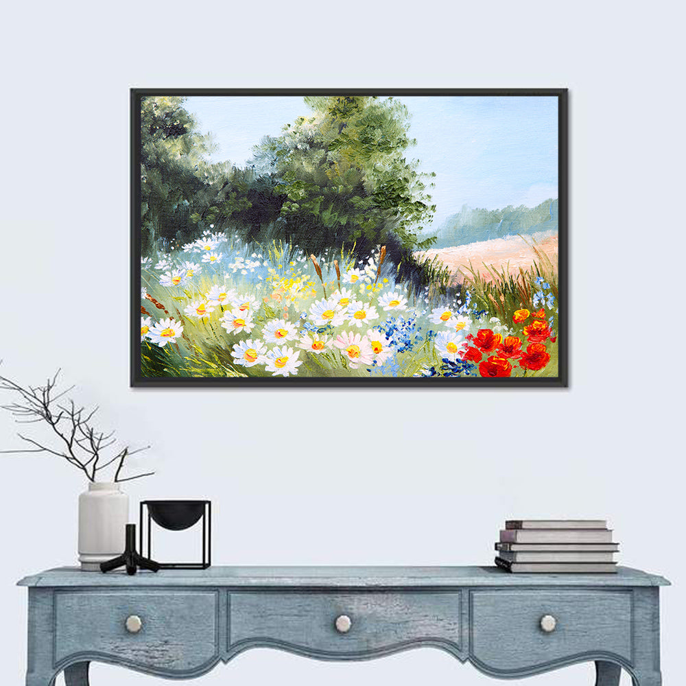 Daisy Meadow with Red Poppies Wall Art in a room, landscape