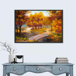 Autumn Forest With River & Bridge Wall Art