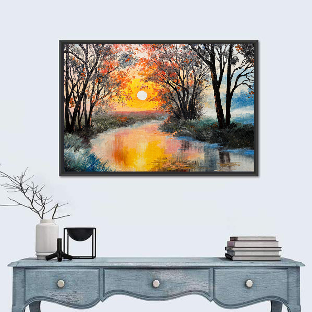 Golden Hour River Watercolor Wall Art in a room, landscape