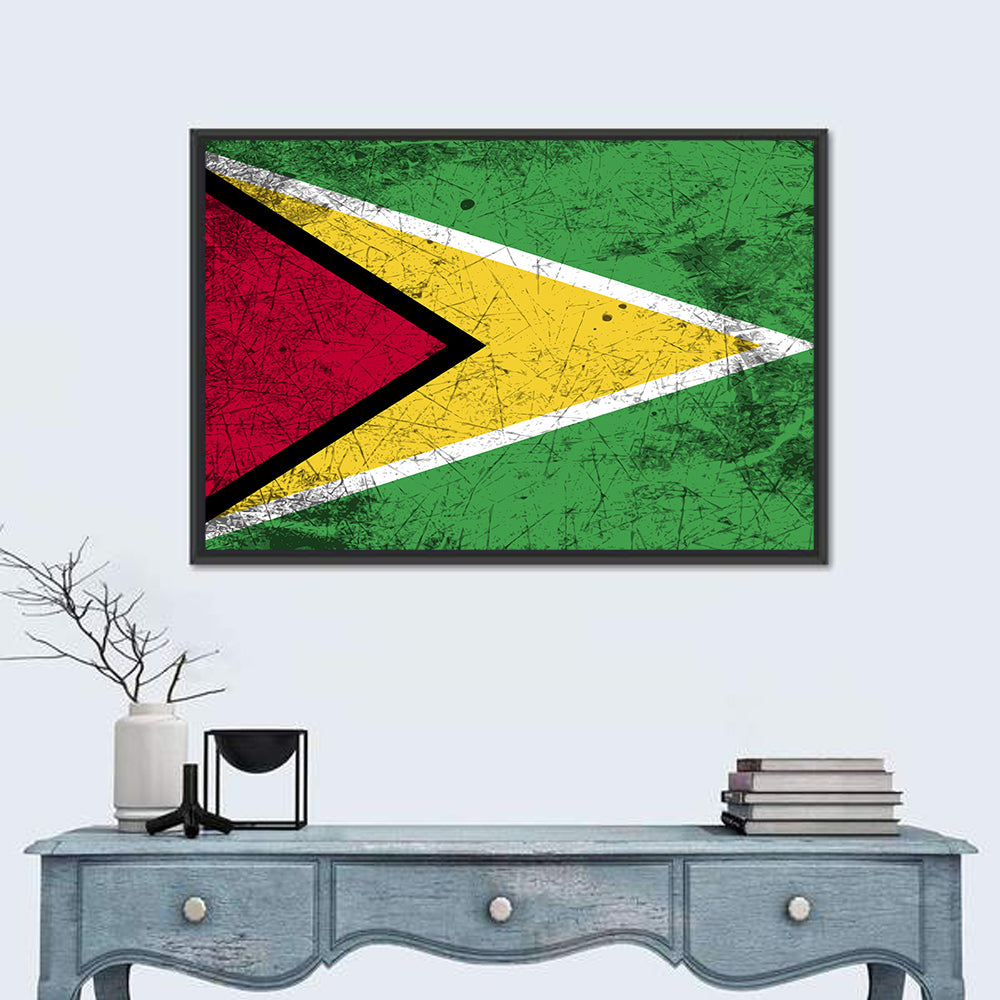 Guyana Flag Distressed Design Wall Art in a room, landscape