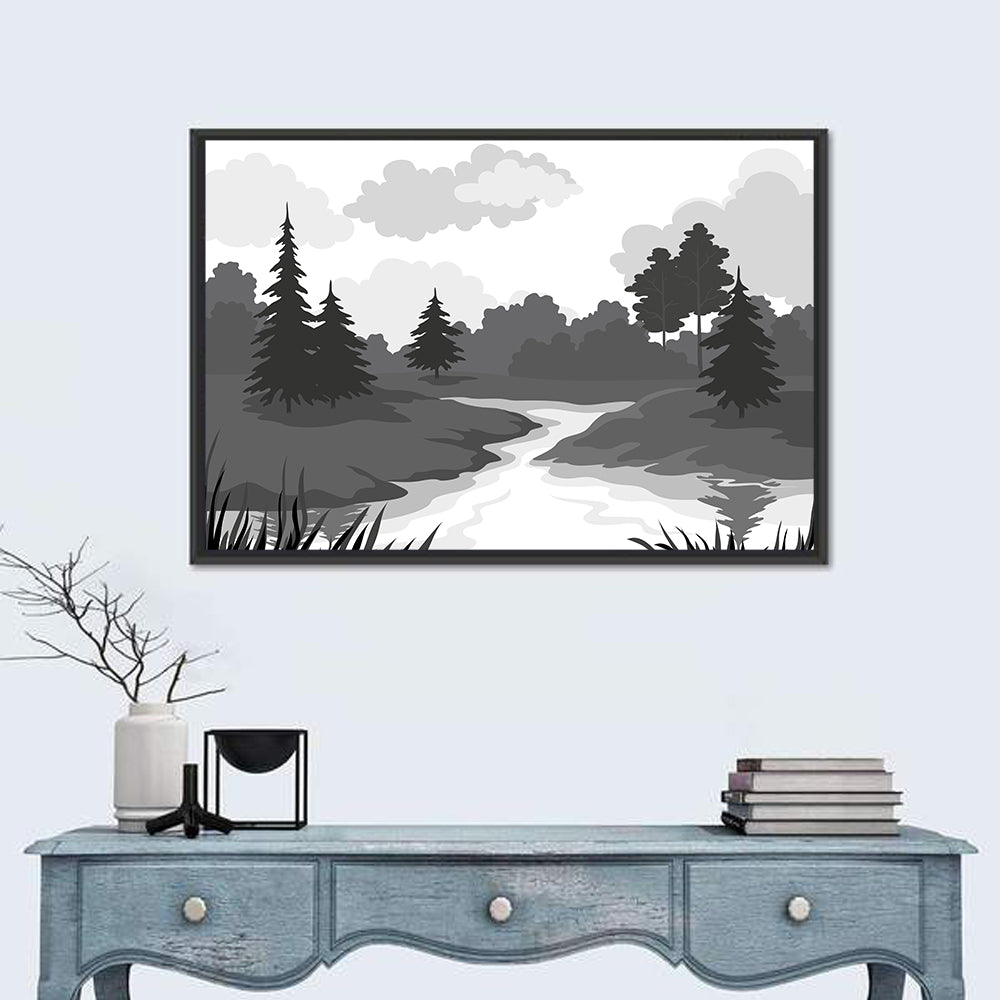 Winding River Silhouette Wall Art in a room, landscape