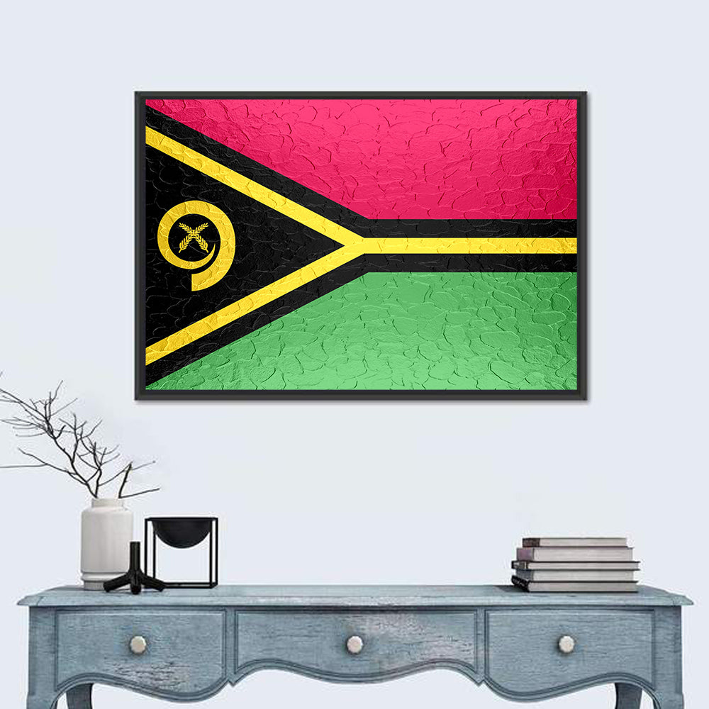 Vanuatu Flag with Boar Tusk Emblem Wall Art in a room, landscape