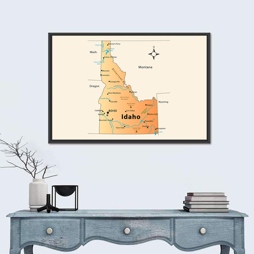 Idaho Cartographic Map Wall Art in a room, landscape