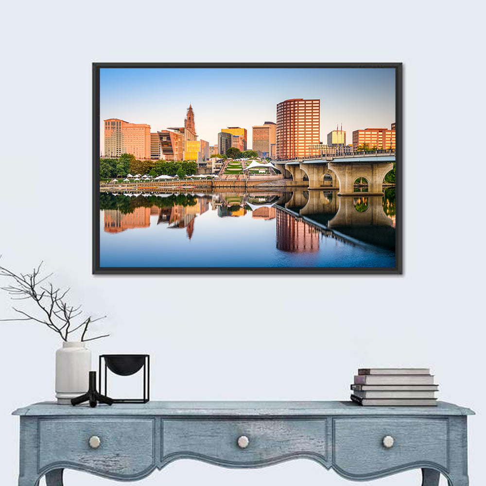 Hartford Skyline with River Reflection Wall Art in a room, landscape