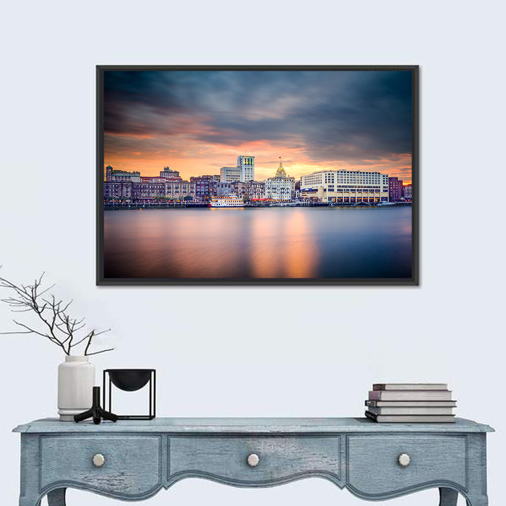 Savannah Riverfront Sunset Skyline Wall Art in a room, landscape