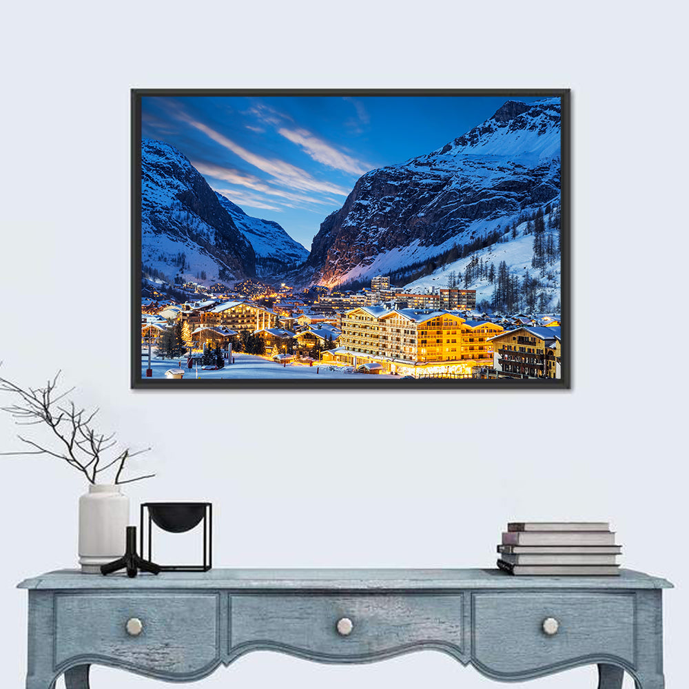 Twilight Ski Village in the French Alps Wall Art in a room, landscape
