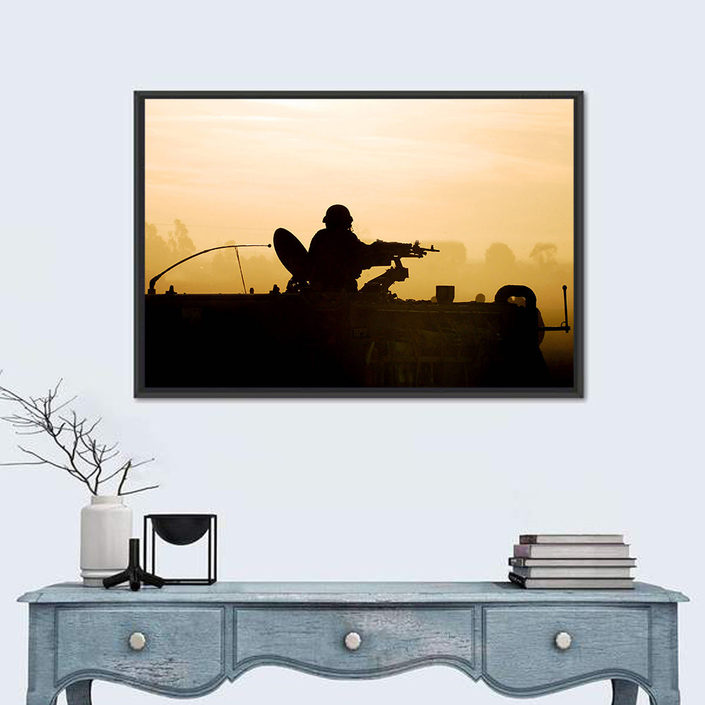 Army Soldier Silhouette at Sunset Wall Art in a room, landscape