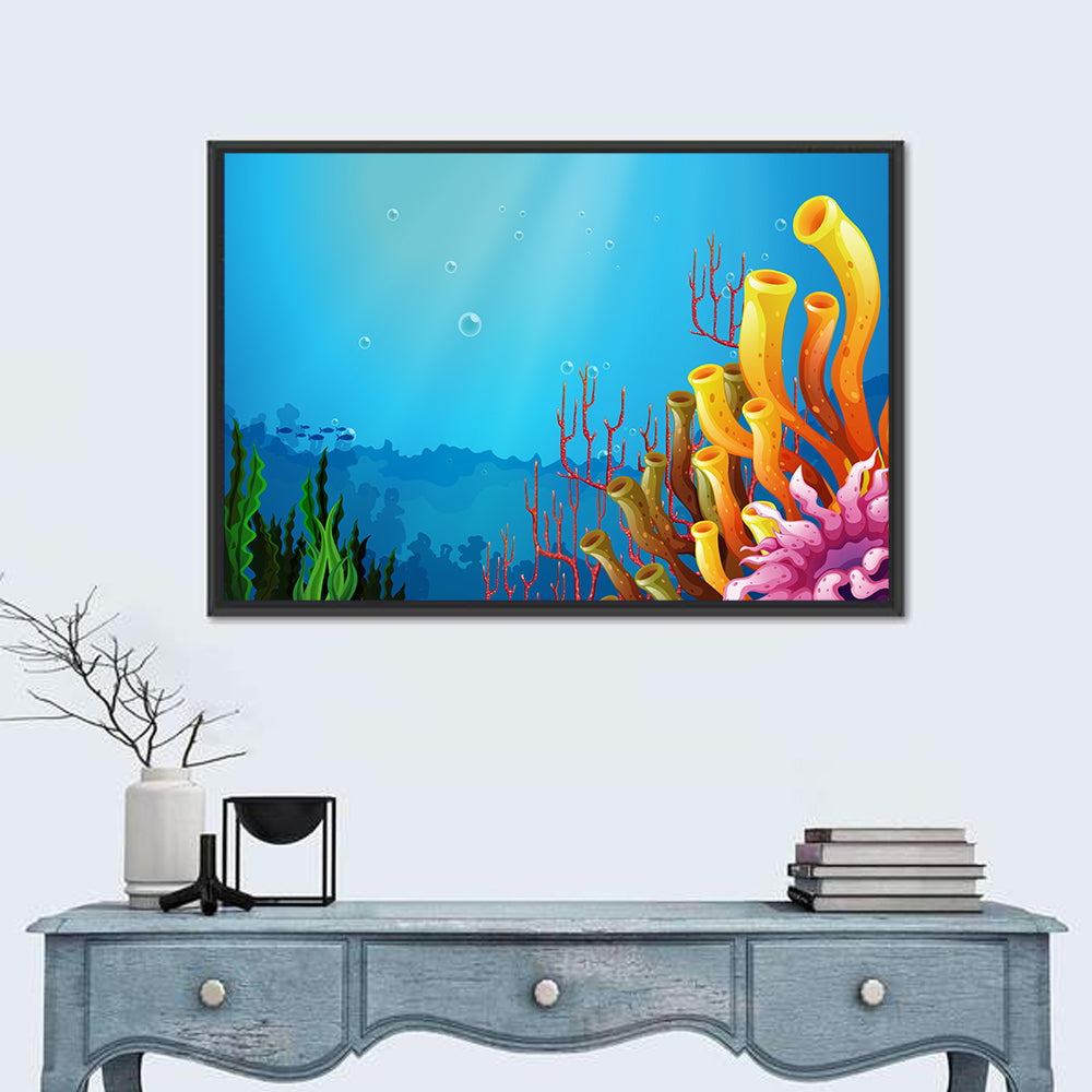 Undersea Coral Reef Illustration Wall Art in a room, landscape