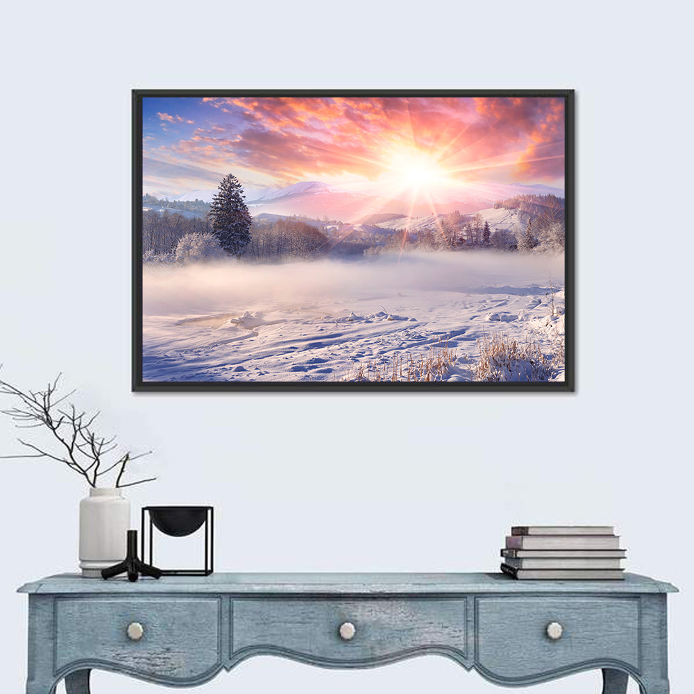 Sunrise Over Snowy Mountain Village Wall Art in a room, landscape