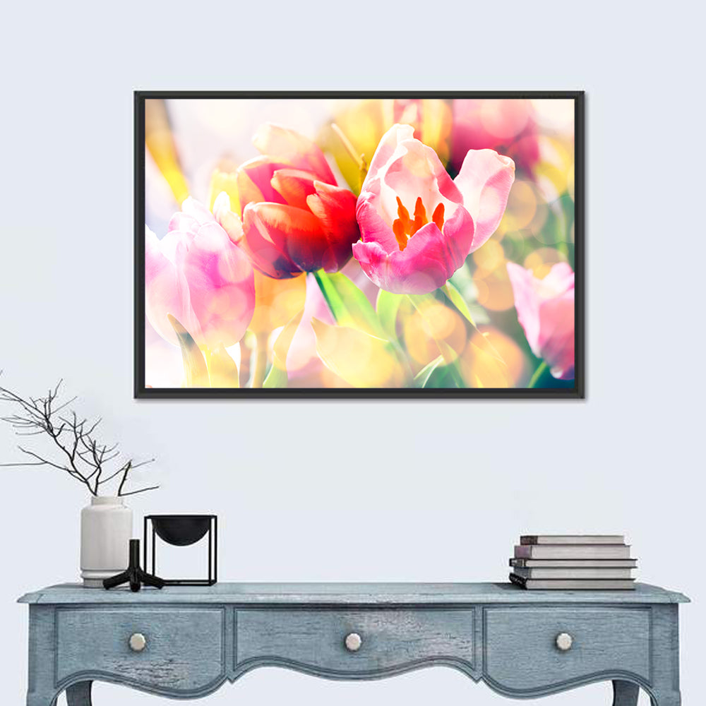 Vibrant Spring Tulips Close Up Wall Art in a room, landscape