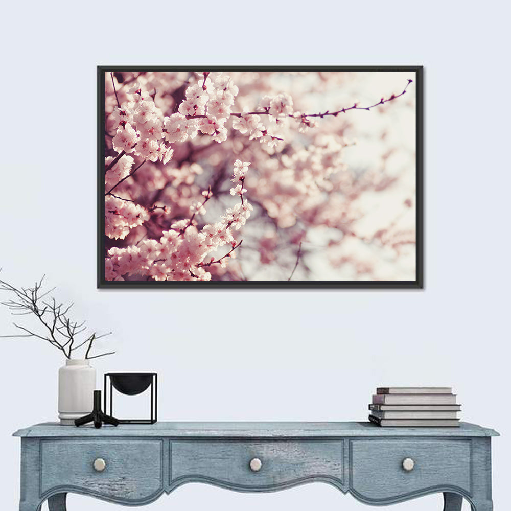 Pink Cherry Blossom Close-up Wall Art in a room, landscape
