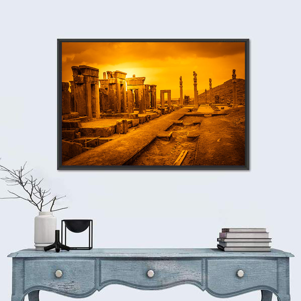Persepolis Ruins at Golden Dusk Wall Art in a room, landscape