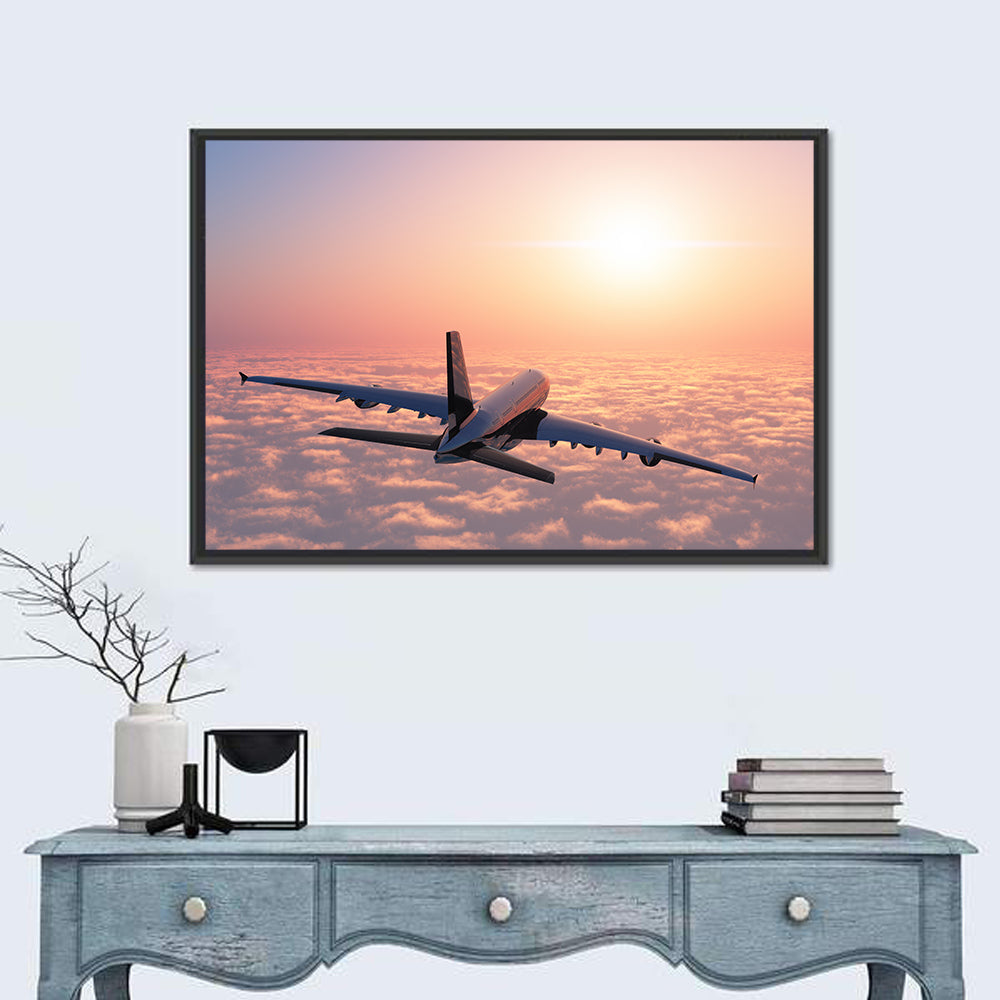 Passenger Plane Above Golden Clouds Wall Art in a room, landscape
