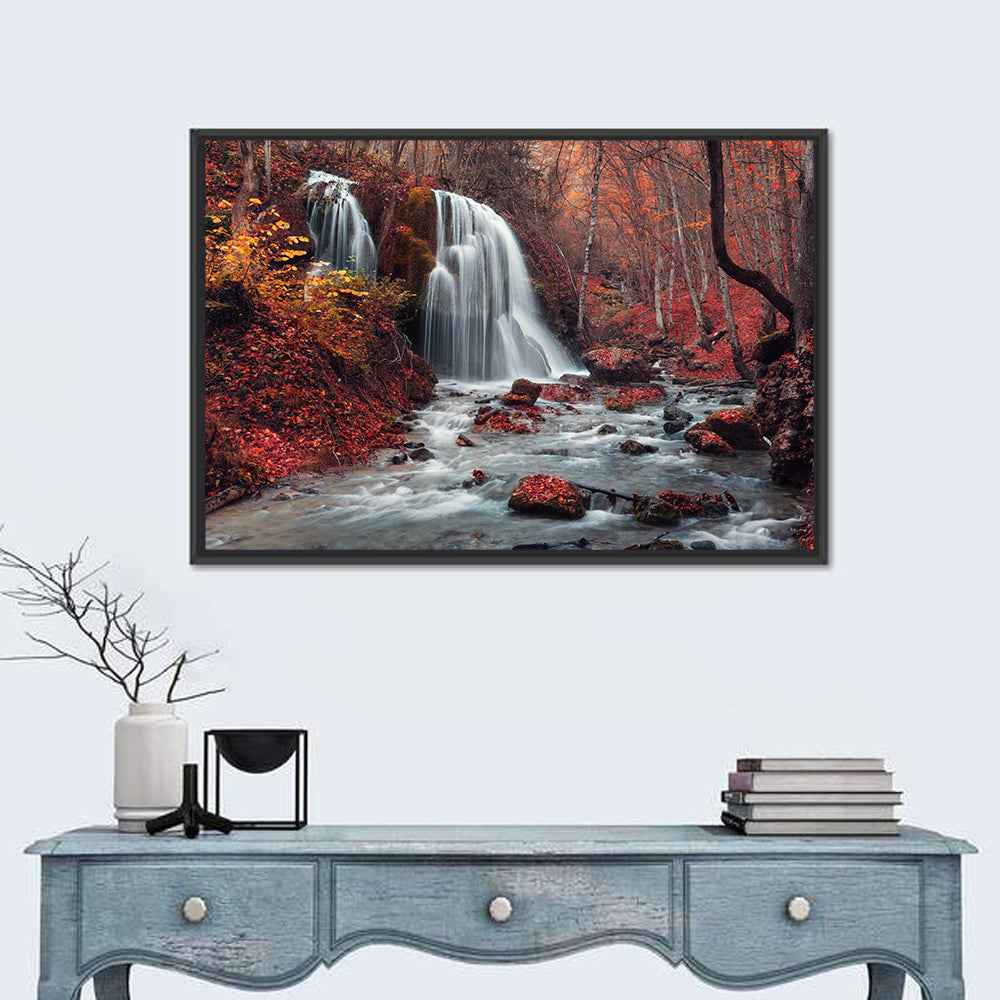 Dual Tier Autumn Forest Waterfall, Crimea Wall Art in a room, landscape
