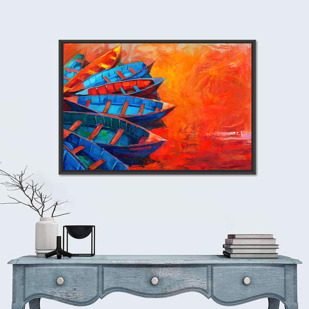 Harbor Boats at Sunset Wall Art in a room, landscape