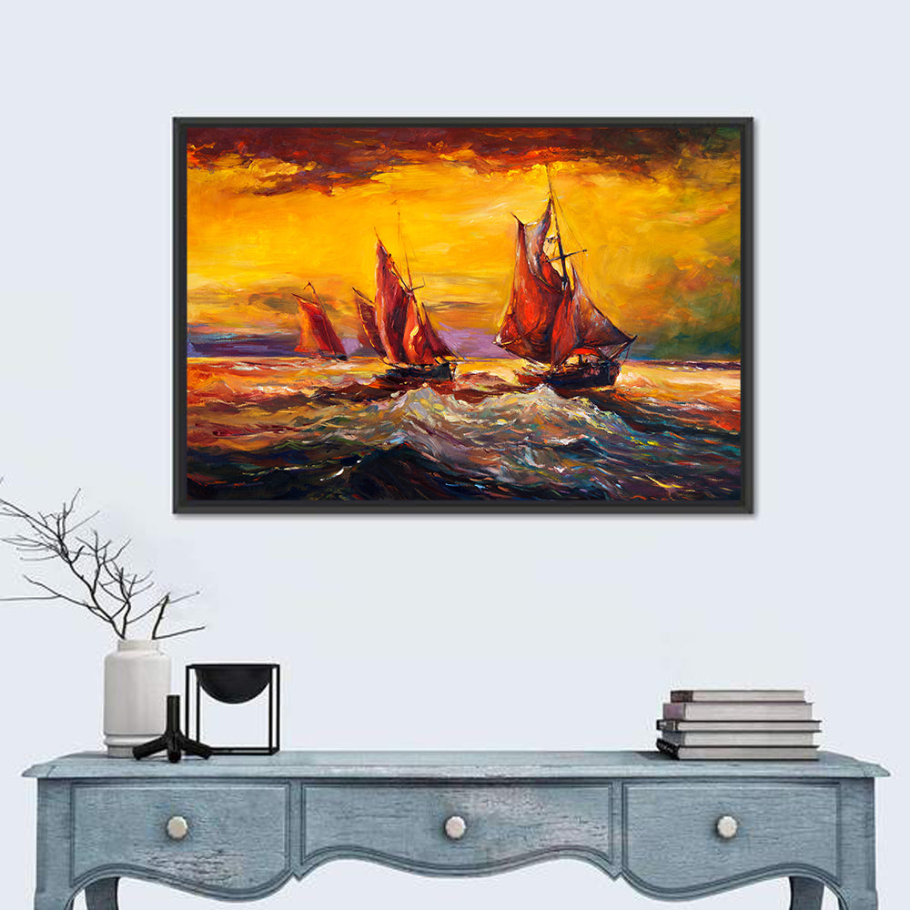 Three Sailboats at Sunset Wall Art in a room, landscape