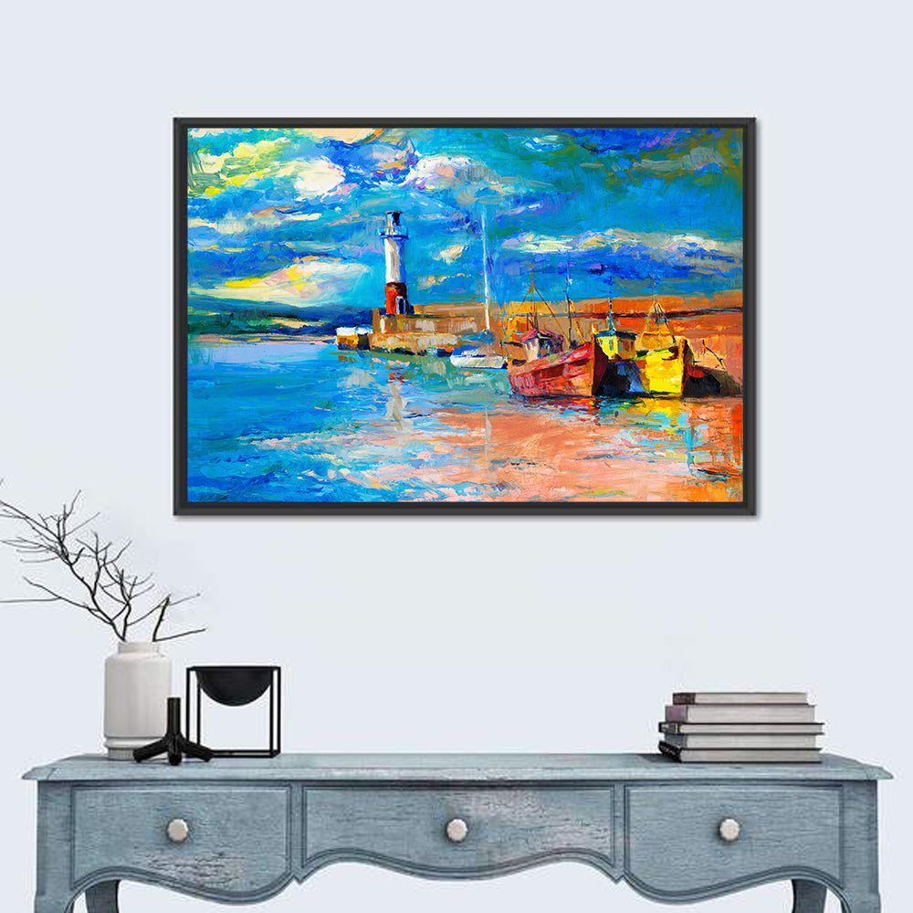 Lighthouse Harbor Sunset Wall Art in a room, landscape