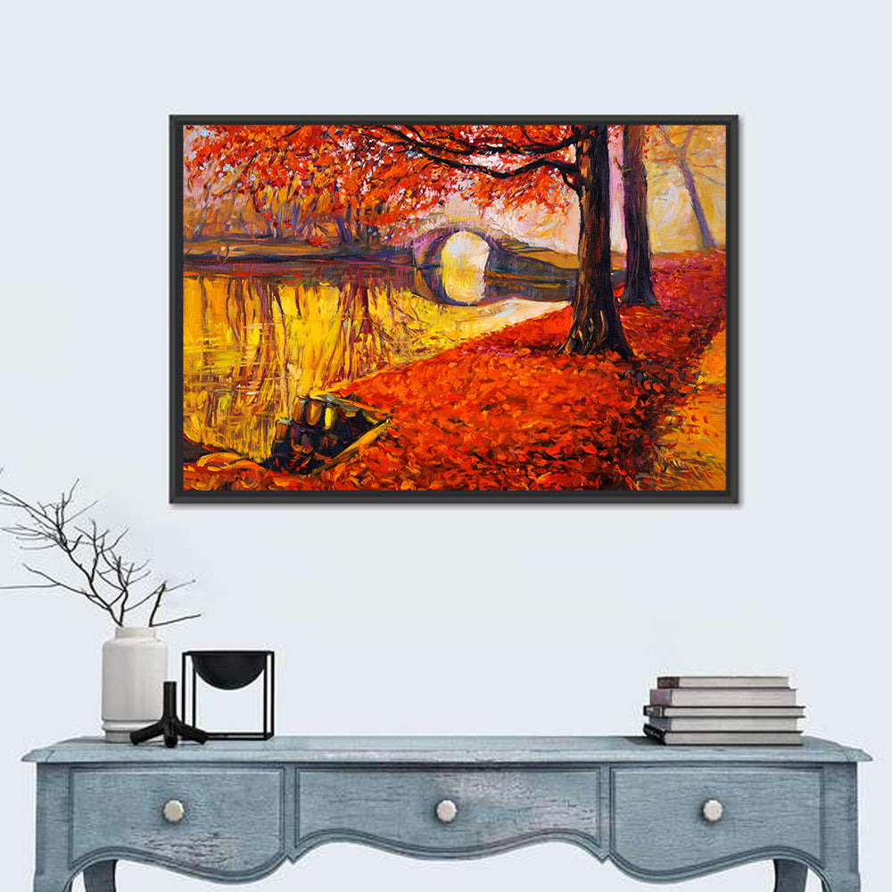 Autumn Bridge Over Golden Lake Wall Art in a room, landscape