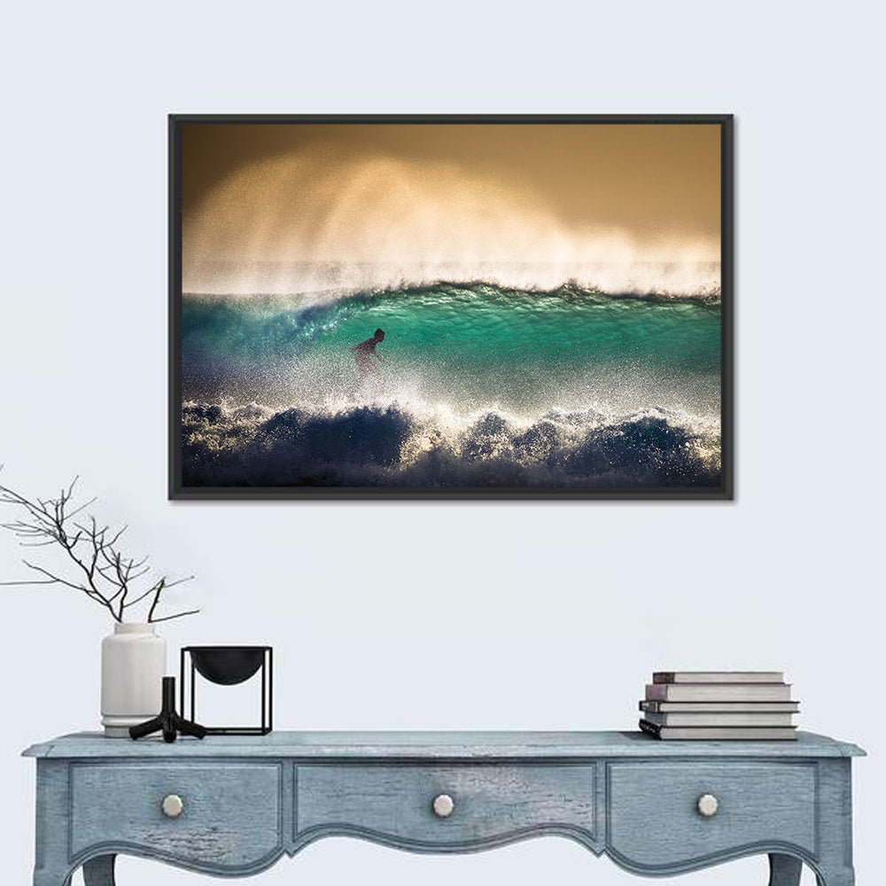 Bali Surfer in Barrel Wave Wall Art in a room, landscape