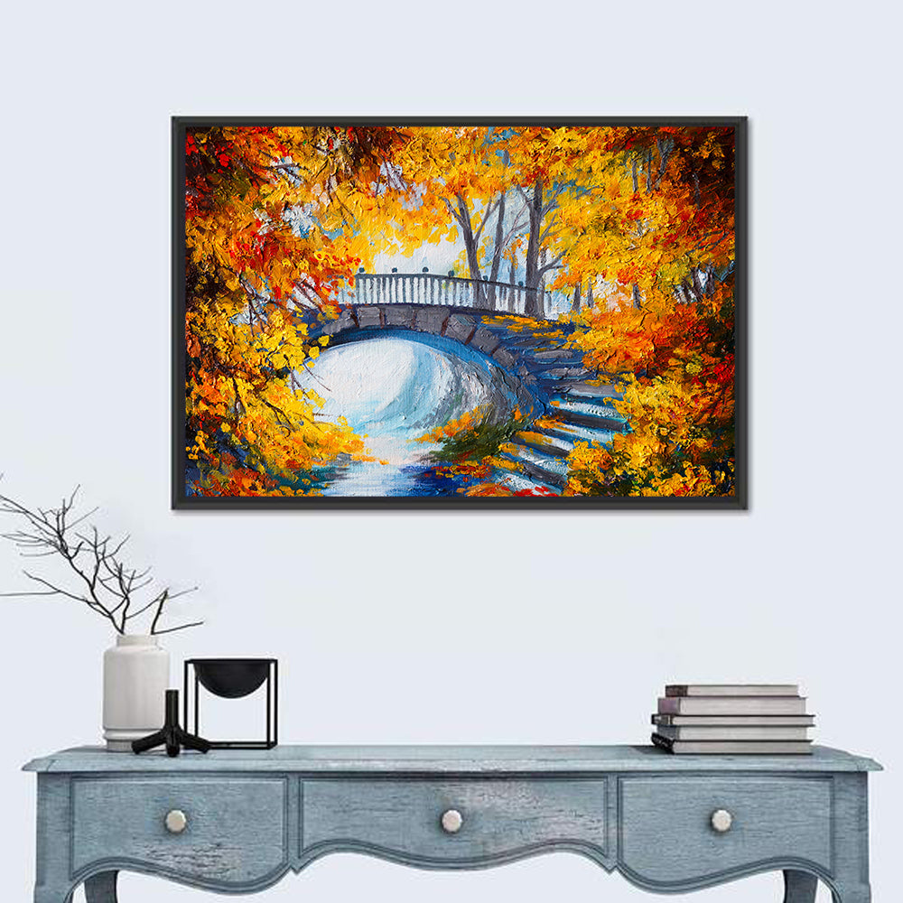 Autumn Forest Stone Bridge Wall Art in a room, landscape