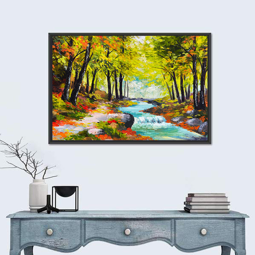 Autumn Forest Stream Wall Art in a room, landscape